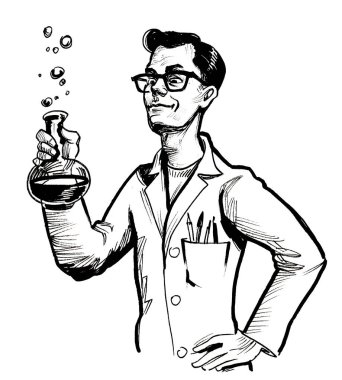 Kimyager bilim adamı. Mürekkep siyah beyaz çizim