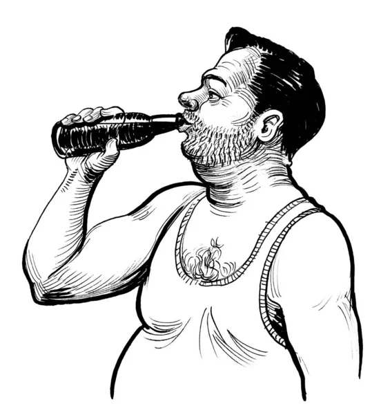 Gros Alcoolique Buvant Bière Dans Bouteille Encre Dessin Noir Blanc — Photo