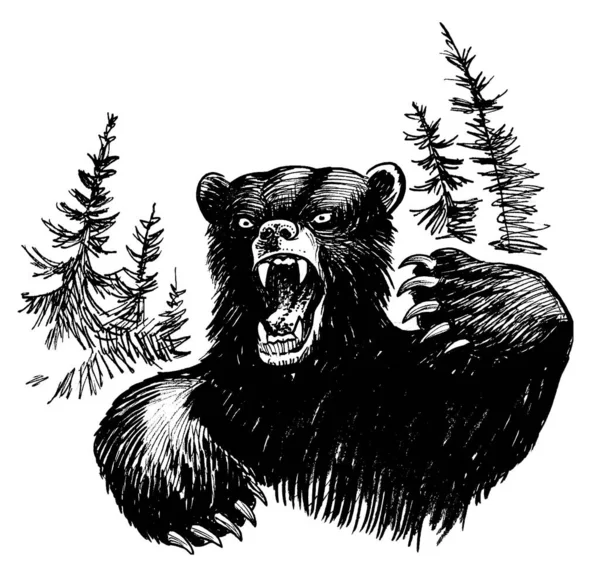 Arg Grizzlybjörn Den Djupa Skogen Bläck Svart Och Vitt Ritning — Stockfoto