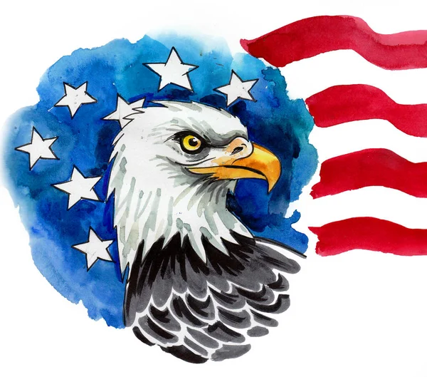 Testa Aquila Calva Bandiera Americana Sullo Sfondo Inchiostro Acquerello Disegno — Foto Stock