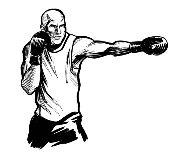 ボクシングスポーツマンのインク黒と白の図面 — ストック写真