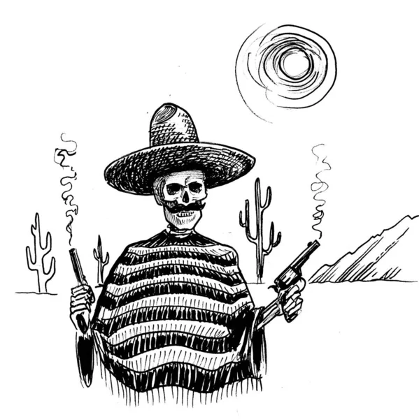 Bandido Mexicano Morto Deserto Com Armas Fumo Tinta Desenho Preto — Fotografia de Stock