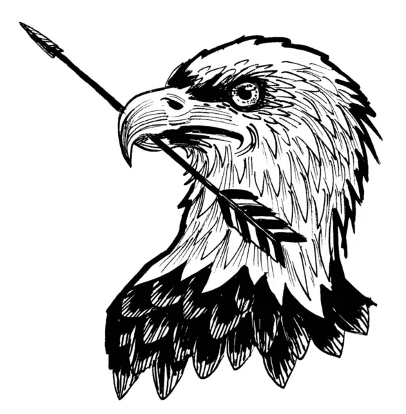 Águila Calva Americana Con Flecha Pico Dibujo Blanco Negro Tinta —  Fotos de Stock