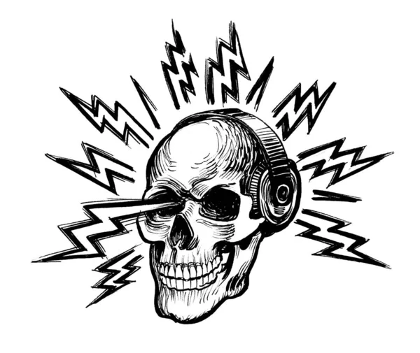 Людський Череп Навушниками Слухає Гучну Рок Музику Чорно Білий Малюнок — стокове фото