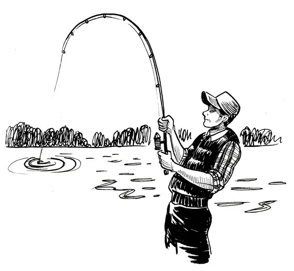 Uomo Con Una Canna Pesca Inchiostro Disegno Bianco Nero — Foto Stock