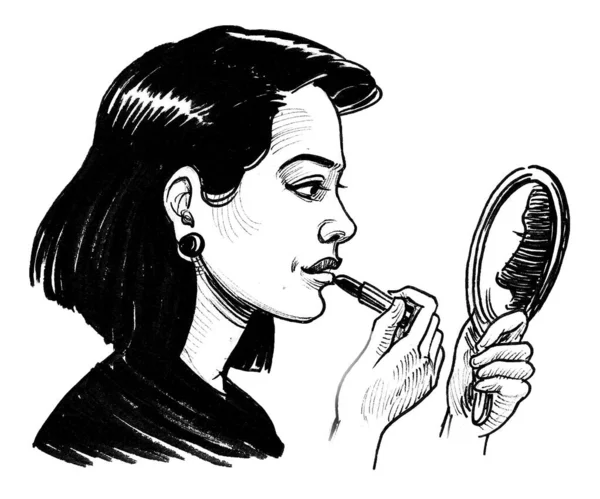 Aynalı Rujlu Güzel Bir Kadın Mürekkep Siyah Beyaz Çizim — Stok fotoğraf