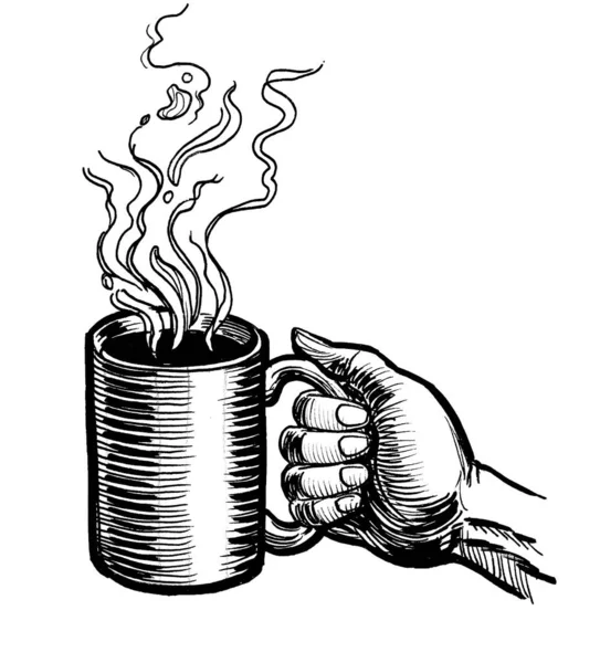 Hand Holding Cup Coffee Ink Black White Drawing — Stock Photo, Image