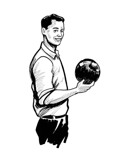 Bowling Topuyla Gülümseyen Mutlu Adam Mürekkep Siyah Beyaz Çizim — Stok fotoğraf
