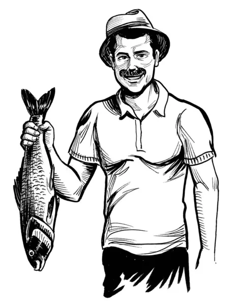 Šťastný Rybář Držící Chycené Ryby Černobílá Kresba Inkoustu — Stock fotografie