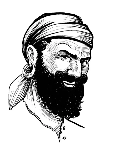 Pirate Barbu Encre Dessin Noir Blanc — Photo