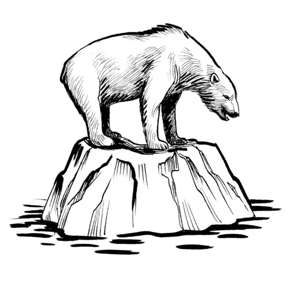 Buzdağında kutup ayısı. Mürekkep siyah beyaz çizim