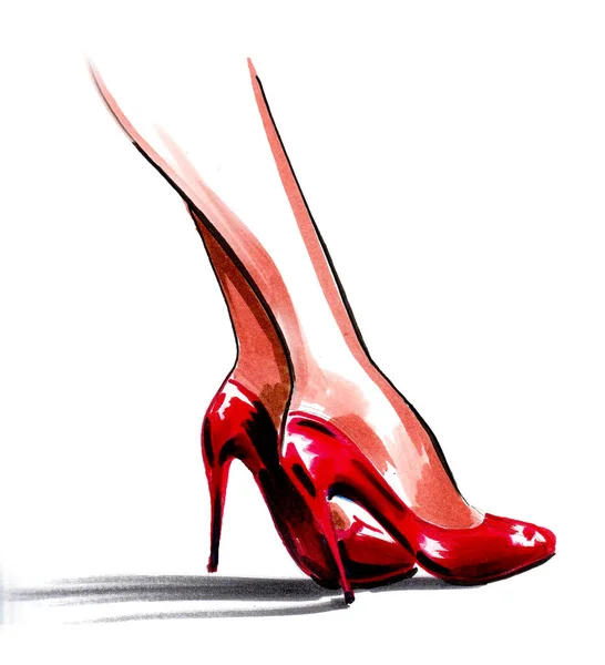 Par Hermosas Piernas Femeninas Zapatos Rojos Tacón Alto Dibujo Tinta — Foto de Stock