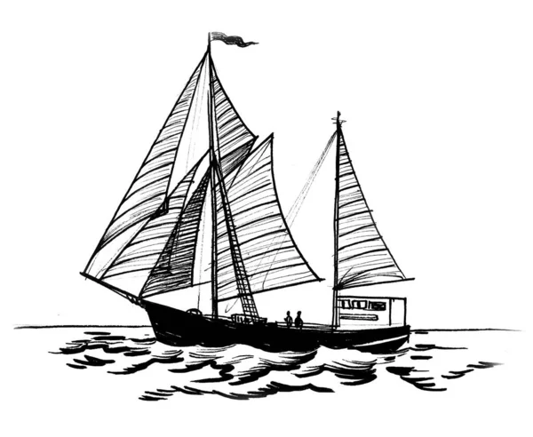 在海里航行的旧船 墨水黑白画 — 图库照片