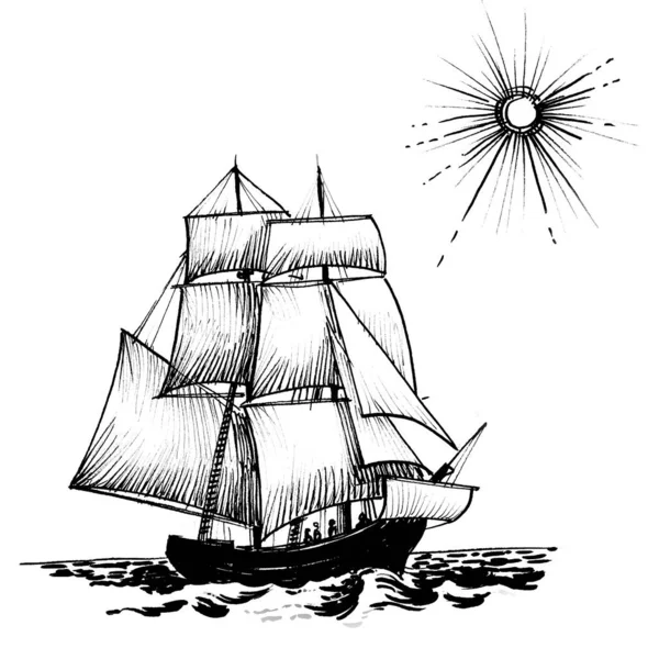 Old Sailing Ship Ink Black White Drawing — Stock Photo, Image