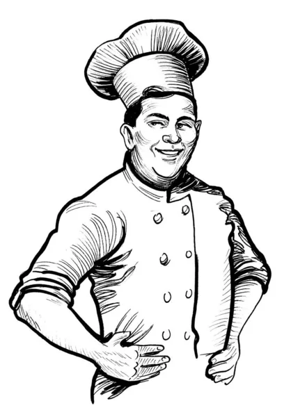 Personagem Chef Restaurante Sorridente Feliz Tinta Desenho Preto Branco — Fotografia de Stock