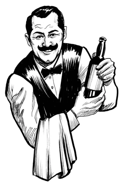 Restaurant Waiter Bottle Wine Ink Black White Drawing — Stock Photo, Image