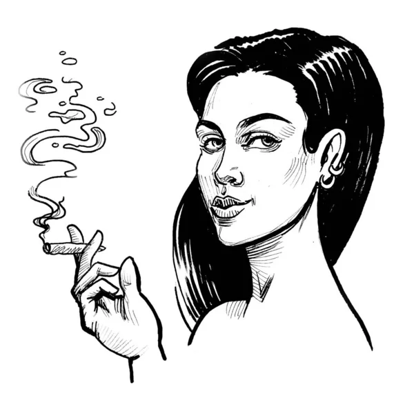 Hübsche Frau Raucht Marihuana Joint Schwarz Weiße Tuschezeichnung — Stockfoto