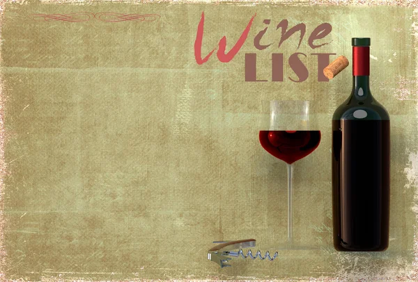 Wine list template - wine bottle, glass and corkscrew. 3D rendering