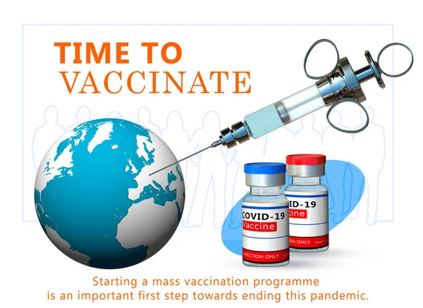 A medical needle enters the globe. Vials with vaccine against COVID-19. 3D rendering