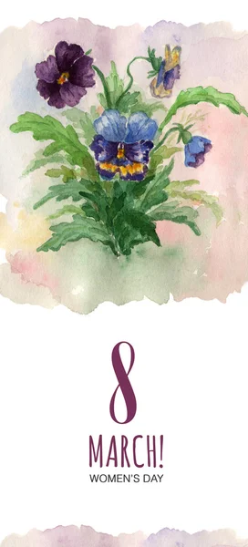 Watercolor greeting card 8 March with pansies — Stock Photo, Image