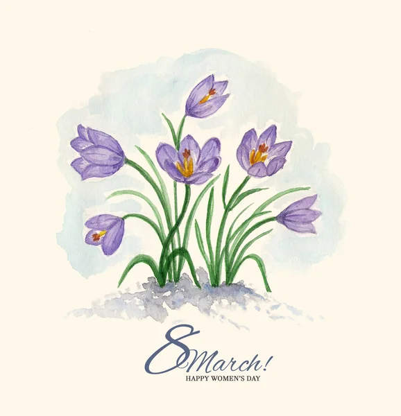 Watercolor greeting card 8 March with crocuses — Stock Photo, Image