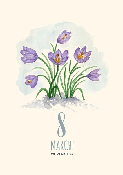 Watercolor greeting card 8 March with crocuses — Stock Photo, Image