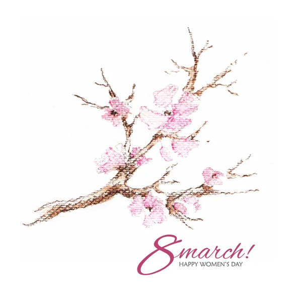 Watercolor greeting card 8 March with flowering branch — Stock Photo, Image