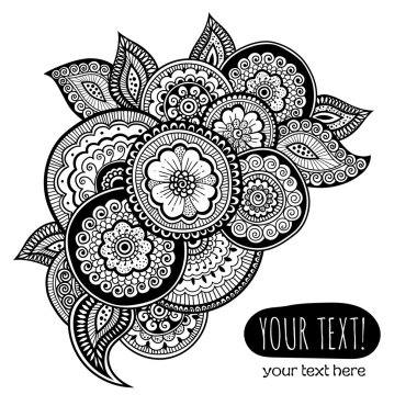 Zen-tangle süs ile tebrik kartı şablonu. Mehndi tarzı .