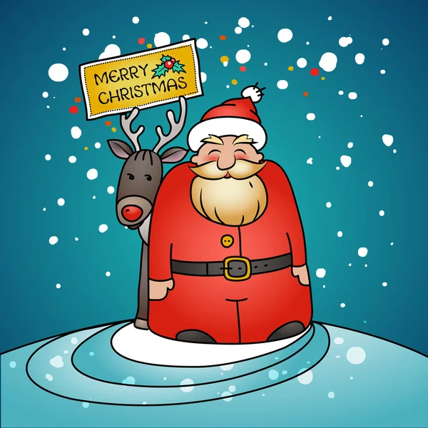 Weihnachtskarte mit Weihnachtsmann, Geschenken und Rentieren. — Stockvektor