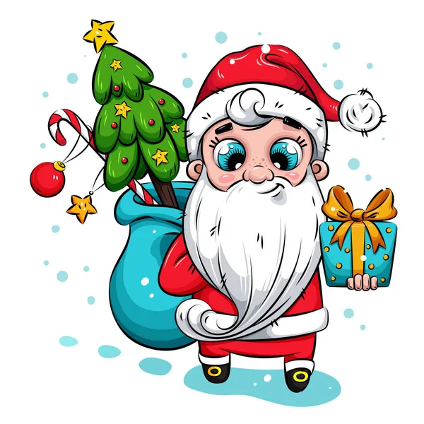 Ilustração de Natal. Papai Noel com árvore de Natal e presentes. Papai Noel traz presentes para crianças — Vetor de Stock