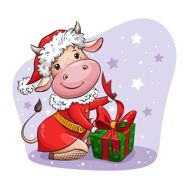 Vaca dos desenhos animados em Santa terno pacotes presente de Natal — Vetor de Stock