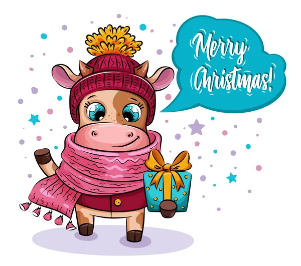 Cartão de Natal. Vaca dos desenhos animados com presente de Natal — Fotografia de Stock