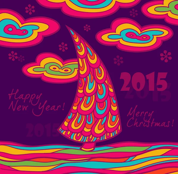 Tarjeta de felicitación de Año Nuevo 2015 con paisaje navideño — Vector de stock
