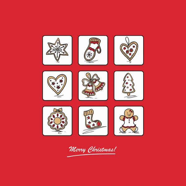 Red greeting card with Christmas gingerbreads — Stock Vector