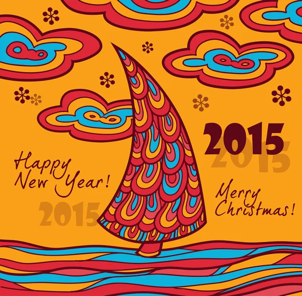 Carte de voeux du Nouvel An 2015 avec paysage de Noël — Image vectorielle