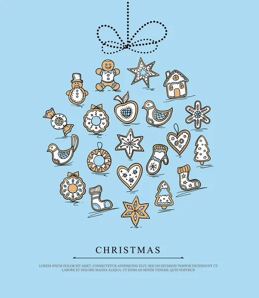 Blue greeting card with Christmas gingerbreads — Stock Vector