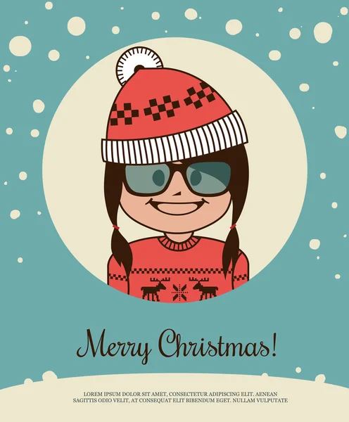 Cartão de férias com menina hipster em chapéu vermelho Canta Claus e camisola de Natal — Vetor de Stock