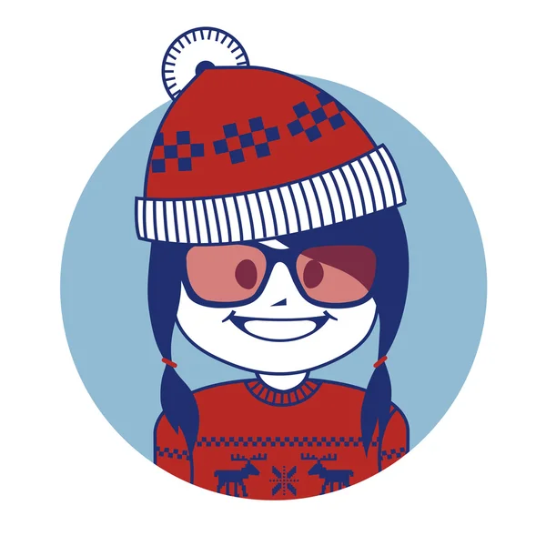 Vánoční postava Santa Clause dívka v červeném klobouku a pletený svetr s skandinávské ornament — Stockový vektor