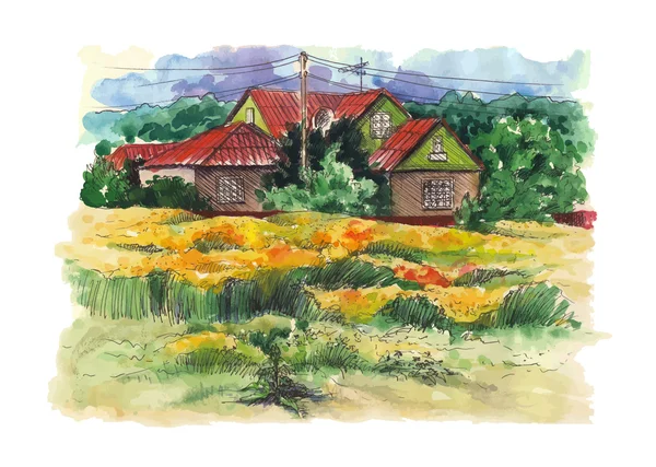 Rural watercolor landscape with old farmhouse. — Stock Vector