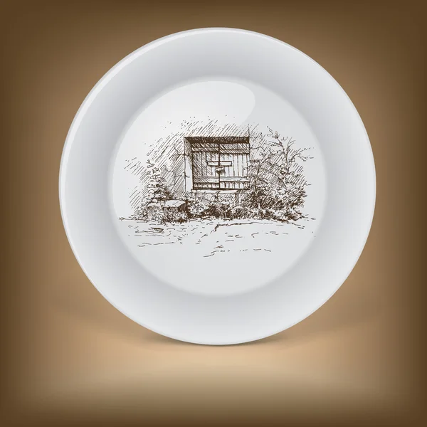 Assiette décorative avec paysage rural — Image vectorielle