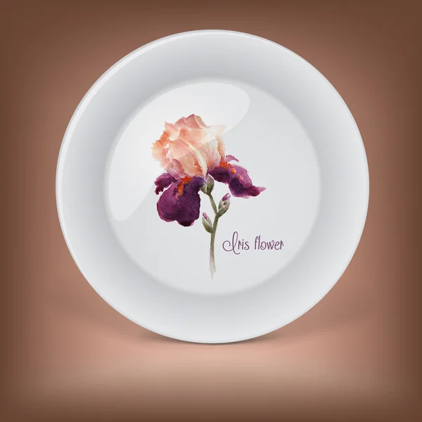 Assiette décorative avec fleur iris bordeaux aquarelle  . — Image vectorielle