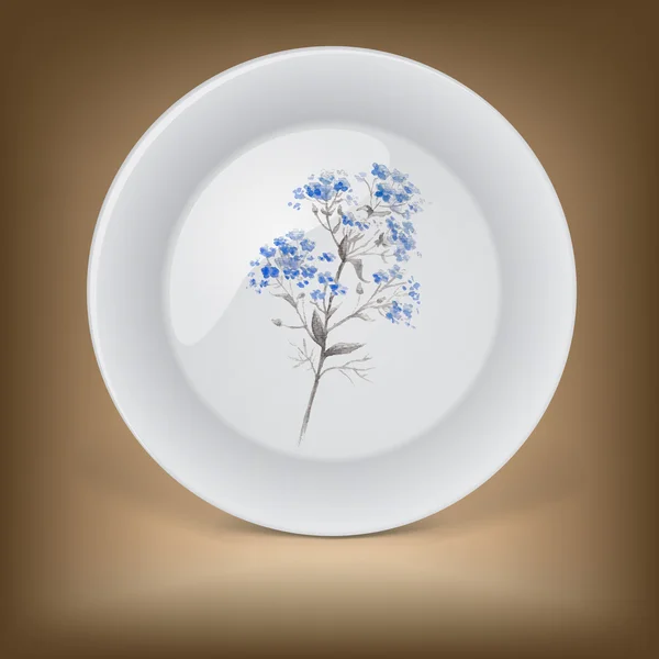 Assiette décorative avec branche d'oublier-moi-fleur bleue — Image vectorielle