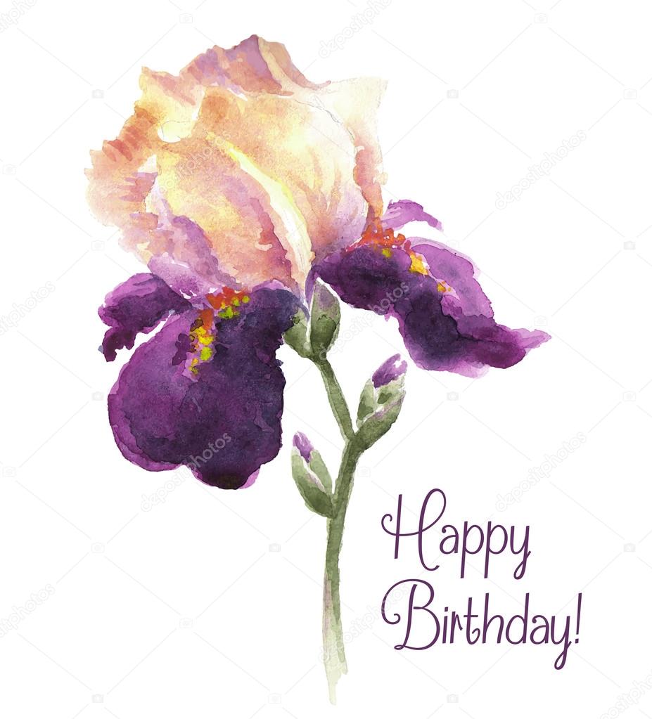 Greeting card Happy Birthday with watercolor iris flower
