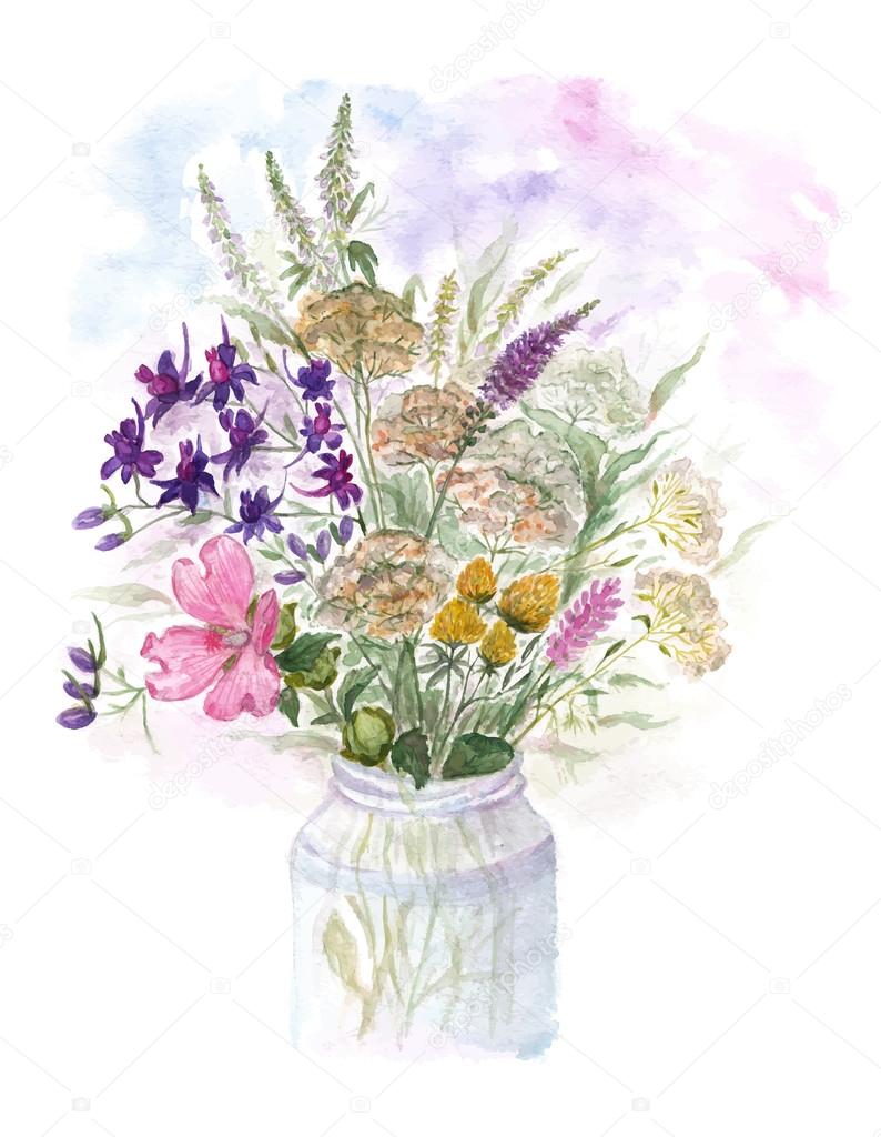 Bouquet of watercolor colorful wildflowers in glass vase