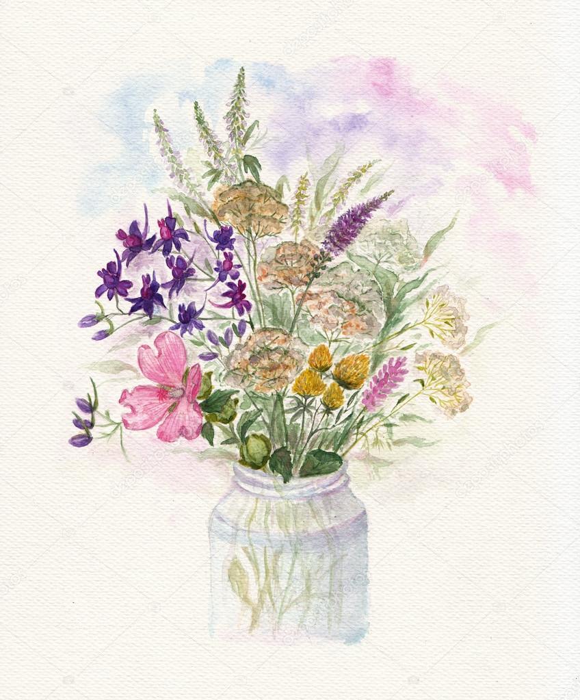 Bouquet of watercolor colorful wildflowers in glass vase