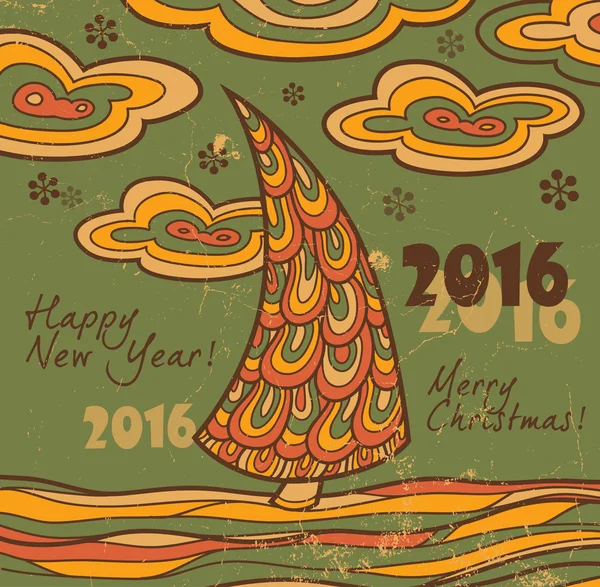 Tarjeta de felicitación retro 2016 con árbol de Navidad — Vector de stock