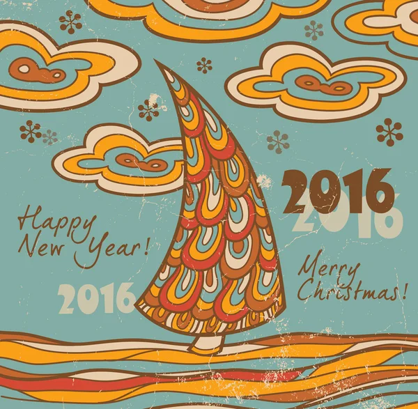 Tarjeta de felicitación retro 2016 con árbol de Navidad — Vector de stock