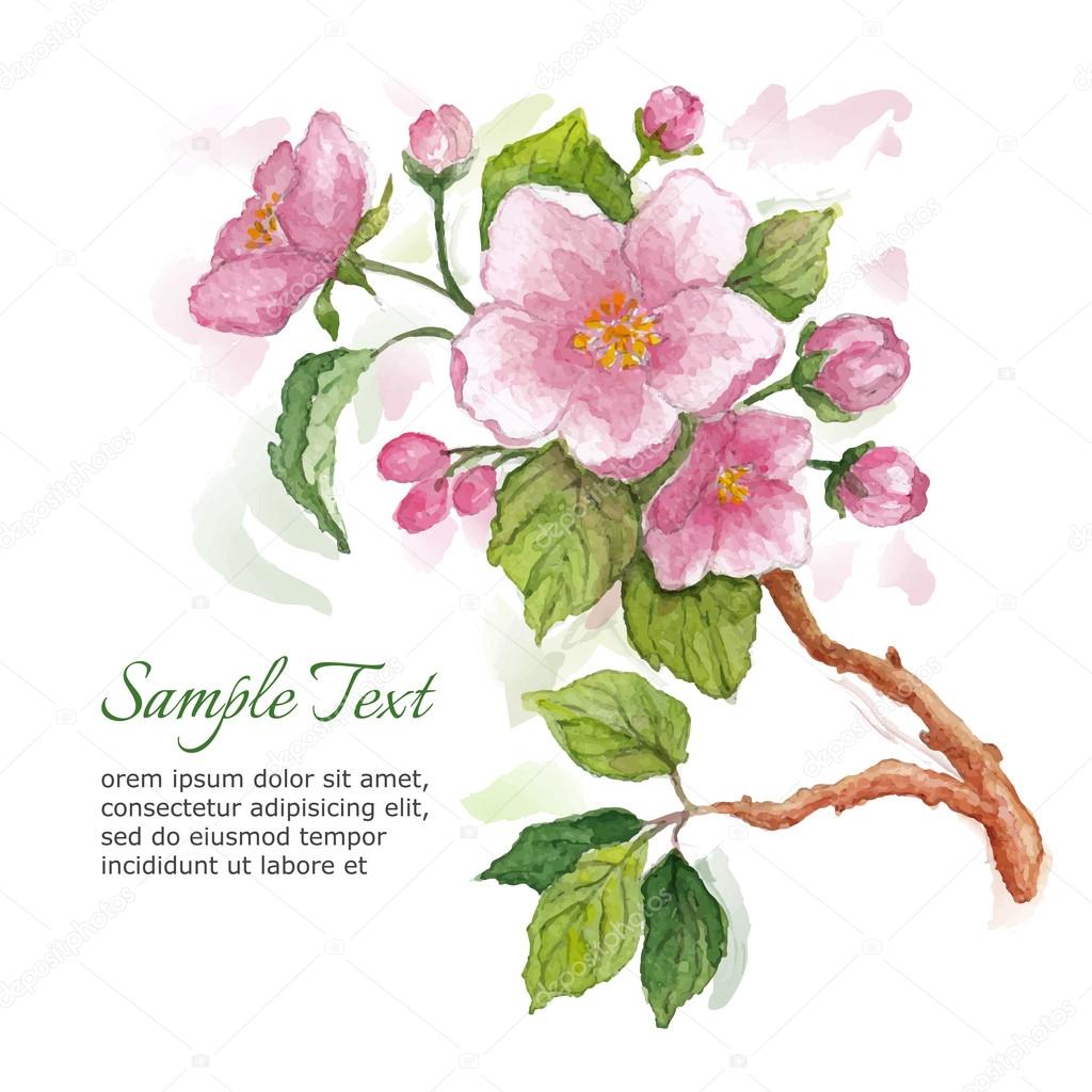 Template for greeting card with watercolor apple blossoms