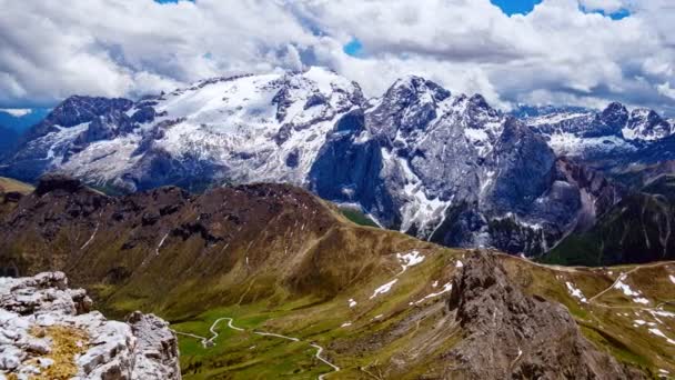 Panning Timelapse Εναέρια Άποψη Της Sass Pordoi Mountain Δολομίτες Ιταλία — Αρχείο Βίντεο