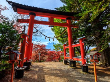 Torii kapıya chureito pagoda Güz, Fujiyoshida, Japonya 